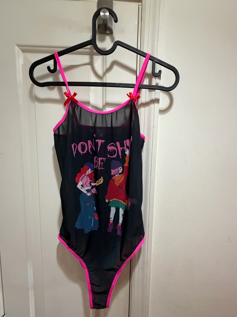 ROMWE Don’t Be Shy Black Mesh Graphic Bodysuit with Hot Pink Trim